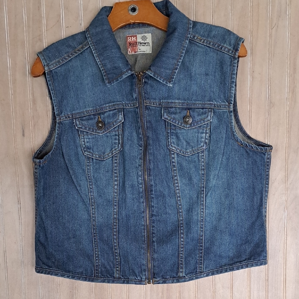 Ruff Hewn Classic Medium Blue Denim Full Zip Front Tailored Boho Jean Vest